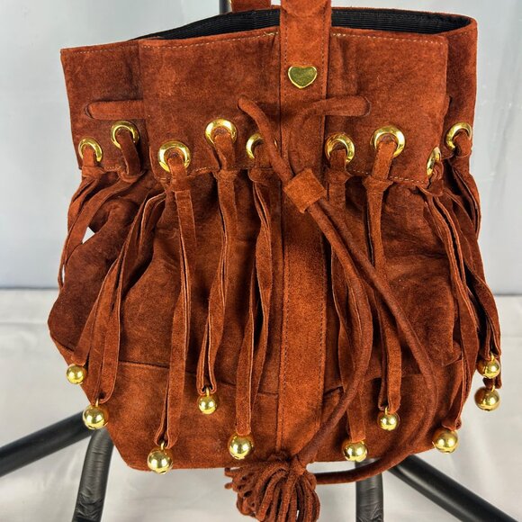 Sepcoeur Paris Brown Suede Leather Bucket Handbag Boho Bell Fringe Vintage - Picture 4 of 7